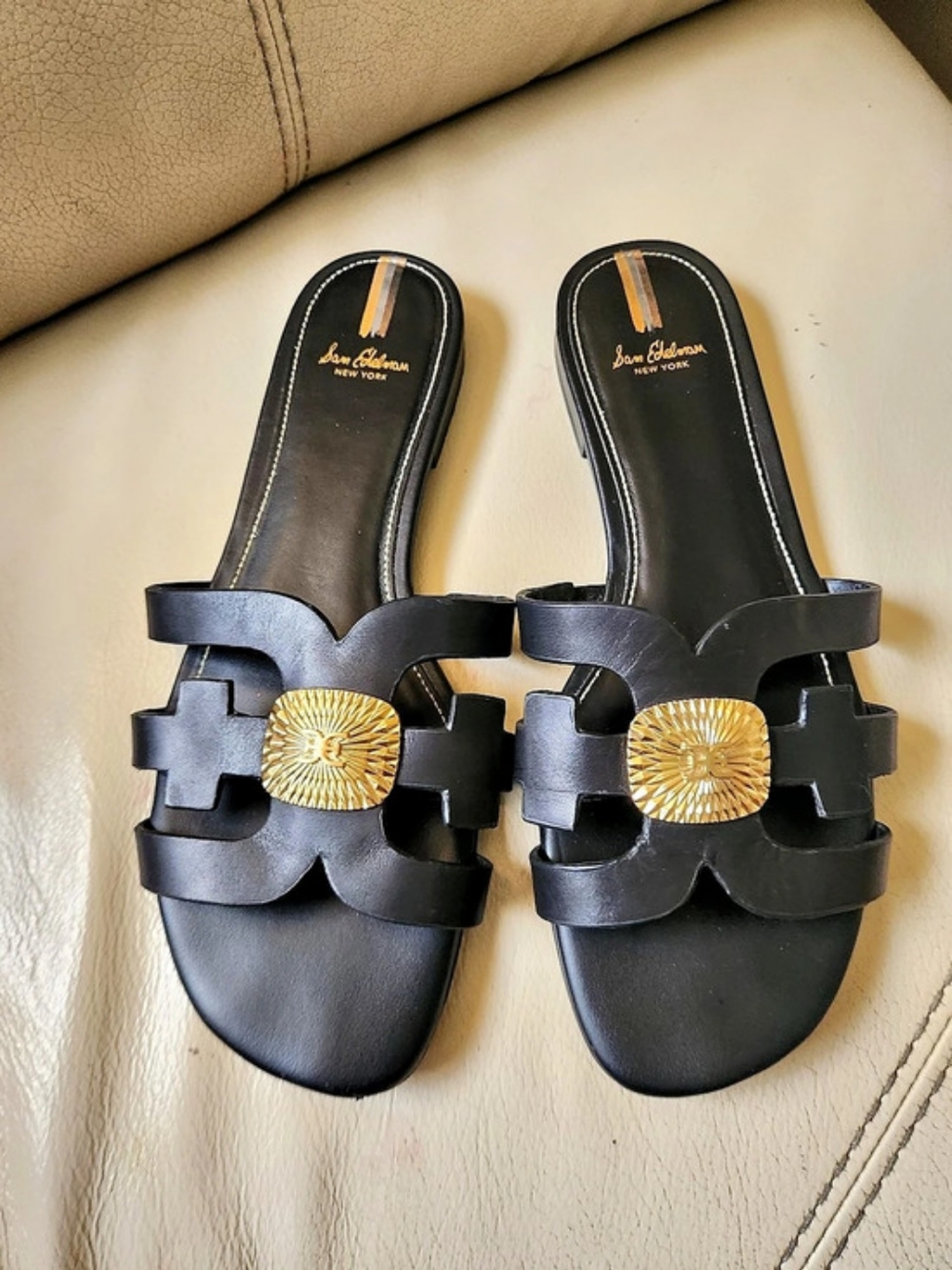 Sam Edelman Black Leather-Style Medallion Sandals